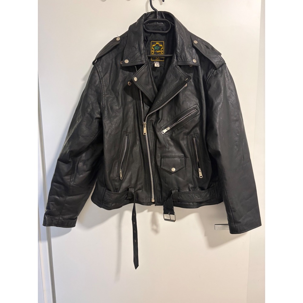 Hi-Spirit Mens Black Genuine‎ Leather Perfecto Biker Motorcycle Jacket Size 50